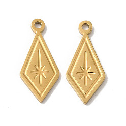 Real 18K Gold Plated Manual Polishing 304 Stainless Steel Charms, Rhombus with Star Charm, Real 18K Gold Plated, 14.5x6.5x1mm, Hole: 1mm