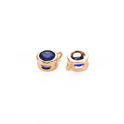 Capri Blue Brass Charms, with Rhinestone, Nickel Free, Flat Round, Real 18K Gold Plated, Capri Blue, 7x5x3mm, Hole: 1mm