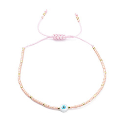 Pink Bracelet réglable en perles miyuki graine et résine mauvais œil tressé pour femme, rose, diamètre intérieur: 1-3/4~2-3/4 pouce (4.4~7.1 cm)