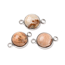 Picture Jasper Natural Picture Jasper Connector Charms, Half Round Links, with Stainless Steel Color Tone 304 Stainless Steel Findings, 14x22x5.5mm, Hole: 2mm