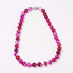 Hot Pink Natural Dyed Agate Beads Necklaces, with Brass Lobster Claw Clasps, Round, Hot Pink, Beads:12mm, 18.9 inch(48cm)