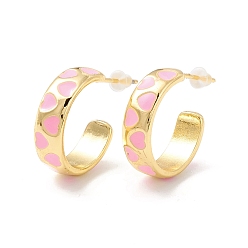 Pink Real 18K Gold Plated Brass Stud Earrings for Women, Rack Plating Open Hoop Earring, Heart Pattern Enamel Half Hoop Earring, Cadmium Free & Lead Free, Pink, 6x19mm, Pin: 1mm