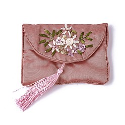 Pale Violet Red Embroidery Cloth Zip Pouches, with Tassels and Stainless Steel Snap Button, Rectangle, Pale Violet Red, 12x8.5cm