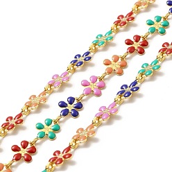 Mixed Color Ion Plating(IP) Handmade 316 Surgical Stainless Steel Enamel Link Chains, Soldered, Real 18K Gold Plated, with Spool, Flower, Colorful, 9.5x6x1mm