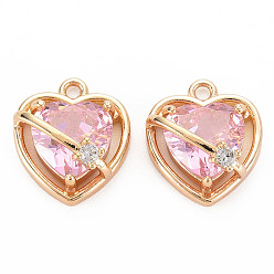 Pink Brass Micro Pave Cubic Zirconia Charms, Real 18K Gold Plated, Nickel Free, Heart, Pink, 13x11.5x7mm, Hole: 1.2mm