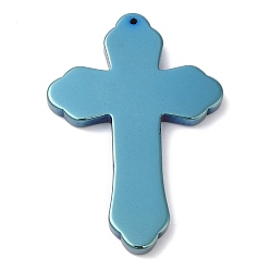 Blue Plated Electroplated Synthetic Non-magnetic Hematite Big Pendants, Religion Cross Charms, Blue Plated, 50x34x4mm, Hole: 1.4mm
