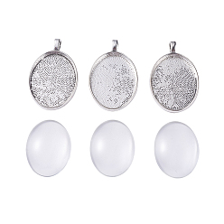 Antique Silver DIY Pendant Making, with Alloy Pendant Cabochon Settings and Transparent Clear Oval Glass Cabochons, Antique Silver, 39x25x3mm, Hole: 4mm