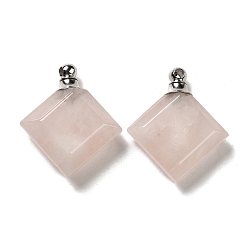 Rose Quartz Natural Rose Quartz Perfume Bottle Pendants, Faceted Rhombus Charms with Stainless Steel Color Tone 304 Stainless Steel Findings, 31x27~27.5x8.5~10mm, Hole: 2mm