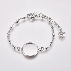 Stainless Steel Color 304 Stainless Steel Bracelet Making, with Lobster Claw Clasps and Flat Round Cabochon Settings, Stainless Steel Color, Tray: 16mm, 6-1/4 inch(15.8cm)