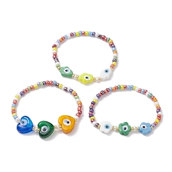 Mixed Color 3Pcs 3 Style Heart & Flower & Hamsa Hand Lampwork & Seed Beaded Stretch Bracelets, Evil Eye Stackable Bracelets for Woman, Mixed Color, Inner Diameter: 2-3/8 inch(6cm), 1Pc/style