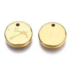 Aries 316 Surgical Stainless Steel Charms, Flat Round with Constellation, Real 14K Gold Plated, Aries, 10x2mm, Hole: 1mm