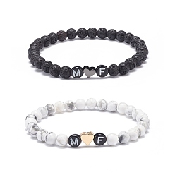 Lava Rock 2Pcs 2 Style Natural Lava Rock & Howlite Stretch Bracelets Set, Heart & Word M and F Acrylic Beaded Couple Bracelets for Best Friends Lovers, Inner Diameter: 2~2-3/8 inch(5.2~6cm), 1Pc/style