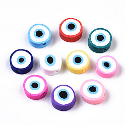Mixed Color Handmade Polymer Clay Beads, Flat Round with Evil Eye, Mixed Color, 9~10x3.5~4.5mm, Hole: 1.5mm