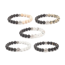 Mixed Stone Natural Lava Rock & Gemstone Stretch Bracelet with Alloy Jesus Beads, Essential Oil Gemstone Jewelry for Women, Inner Diameter: 2-1/8 inch(5.5cm)