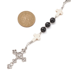 Blanco Collar de cuentas de rosario de madera y turquesa sintética, Collar con colgante de cruz de aleación y Virgen María para religión, blanco, 25.98 pulgada (66 cm)