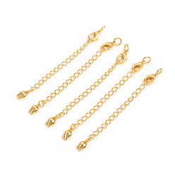 Real 14K Gold Plated Brass Chain Extender, with Curb Chains and Lobster Claw Clasps, Long-Lasting Plated, Flower, Real 14K Gold Plated, 70x3mm, Clasp: 10x6x2.5mm, Jump Ring: 5x1mm, Inner Diameter: 3mm