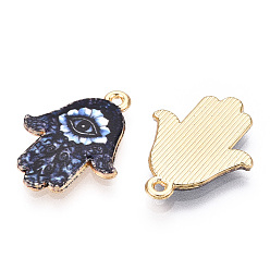 Prussian Blue Printed Light Gold Tone Alloy Pendants, Hamsa Hand with Eye Charms, Prussian Blue, 23x18x2mm, Hole: 1.4mm