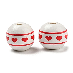 Cœur Perles en bois imprimées, perles rondes pour la Saint-Valentin, fumée blanche, cœur, 16mm, Trou: 3~4.4mm