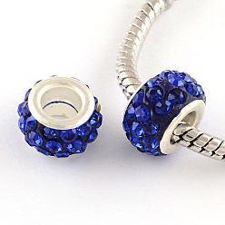 Sapphire Polymer Clay Rhinestone European Large Hole Beads with Silver Color Plated Brass Cores, Rondelle, Sapphire, 11~12x7~7.5mm, Hole: 5mm