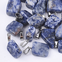 Punto Piedra Azul Mancha azul colgantes de piedra naturales, con broches de presión de acero inoxidable, pepitas, 15~35x10~20x5~15 mm, agujero: 3x7.5 mm