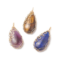 Mixed Stone Natural Mixed Stone Copper Wire Wrapped Pendants, Teardrop Charms, Golden, 36x17x8mm, Hole: 3x2mm