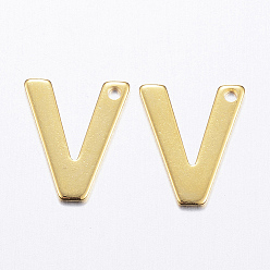 Letter V 304 charmes en acier inoxydable, lettre, breloques initiales, réel 18 k plaqué or, letter.v, 11x6~12x0.8mm, Trou: 1mm