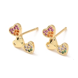 Real 18K Gold Plated Colorful Rhinestone Triple Heart Stud Earrings, Brass Jewelry for Women, Cadmium Free & Lead Free, Real 18K Gold Plated, 8x12.5mm, Pin: 1mm