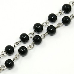 Noir Perles de verre chaînes de perles à la main pour faire des colliers / bracelets, avec épingle à oeil en fer, non soudée, noir, 39.3 pouce, Environ 77 pcs/chapelet