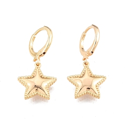 Real 18K Gold Plated Brass Star Dangle Leverback Earrings for Women, Cadmium Free & Nickel Free & Lead Free, Real 18K Gold Plated, 28mm, Pin: 1mm