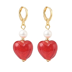 Golden Red Glass Heart with Natural Pearl Dangle Leverback Earrings, Brass Long Drop Earrings for Women, Golden, 43mm, Pin: 1x0.8mm