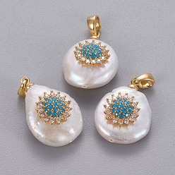 Deep Sky Blue Natural Cultured Freshwater Pearl Pendants, with Brass Micro Pave Cubic Zirconia Findings, Nuggets with Flower, Long-Lasting Plated, Golden, Deep Sky Blue, 17~27x12~16x6~12mm, Hole: 4x2.5mm