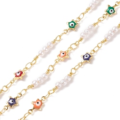 Colorful Brass Enamel Star Link Chains, with CCB Imitaiton Pearl Beaded, Soldered, with Spools, Cadmium Free & Lead Free, Real 18K Gold Plated, Colorful, 11x5.5x2mm, 17x3mm