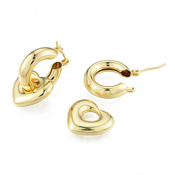 Golden Brass Heart Dangle Hoop Earrings for Women, Nickel Free, Golden, 30mm, Pin: 0.8mm