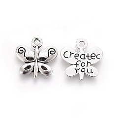 Antique Silver Tibetan Style Zinc Alloy Pendants, Butterfly with Word Create for you, Antique Silver, 13x13x1.5mm, Hole: 1.6mm