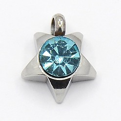 Aguamarina 201 colgantes del encanto estrella de diamantes de imitación de acero inoxidable, Grado A, facetados, aguamarina, 9x8x3 mm, agujero: 1 mm