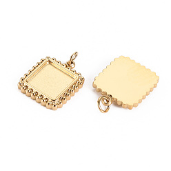 Real 14K Gold Plated 304 Stainless Steel Pendant Cabochon Settings, with Jump Rings, Square, Real 14K Gold Plated, Tray: 8x8mm, 14.5x12x2mm, Jump Ring: 3.8x0.5mm, 2.8mm inner diameter