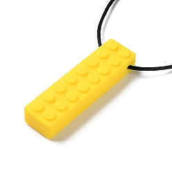 Yellow Building Blocks Food Grade Silicone Pendant Molar Stick Nursing Necklaces, Chewing Beads For Teethers, Yellow, 425~791x1.5mm, Pendants: 71.5x19.5x12.5mm