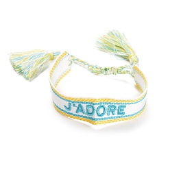 Aquamarine Word J'ADORE Polycotton(Polyester Cotton) Braided Bracelet with Tassel Charm, Flat Adjustable Bracelet for Couple, Aquamarine, Inner Diameter: 2~3-1/8 inch(5~8cm)