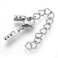 Stainless Steel Color 304 Stainless Steel Chain Extender, with Cord Ends and Lobster Claw Clasps, Stainless Steel Color, 31mm long, Chain Extenders: 42mm, Cord End: 10x3x2.5mm, Inner: 2.5mm, Clasp: 9x6.5x3mm