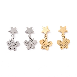 Mixed Color 304 Stainless Steel Butterfly with Star Dangle Stud Earrings for Women, Mixed Color, 22.5mm, Pin: 0.8mm