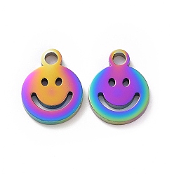 Rainbow Color Vacuum Plating 304 Stainless Steel Charms, Cut-Out, Manual Polishing, Hollow, Flat Round with Smile, Rainbow Color, 8x6x1mm, Hole: 0.8mm