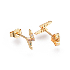Golden Brass Micro Pave Cubic Zirconia Flash Crawler Stud Earrings, Climber Earrings, with Brass Ear Nuts, Lightning Bolt, Colorful, Golden, 9x3.5mm, Pin: 0.7mm