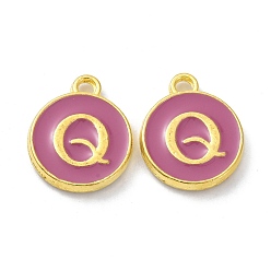 Letter Q Golden Plated Alloy Enamel Charms, Cadmium Free & Lead Free, Enamelled Sequins, Flamingo, Flat Round with Letter, Letter.Q, 14x12x2mm, Hole: 1.4mm