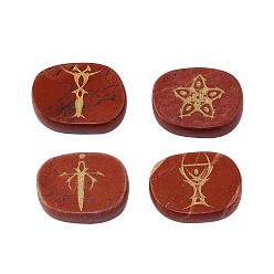 Piedra Roja Conjunto de piedra ovalada con patrón de símbolo de tarot grabado de jaspe rojo natural, piedra de palma de bolsillo para el equilibrio de reiki, decoraciones de exhibición casera, 20x25x6.5 mm, 4 PC / sistema