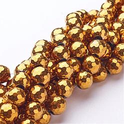 Golden Plated Non-Magnetic Synthetic Hematite Bead Strands, Faceted, Round, Golden Plated, 10mm, Hole: 1mm, about 40pcs/strand, 15.9 inch