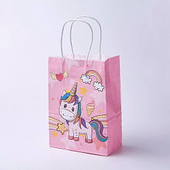 Pink Sacs en papier kraft, avec poignées, sacs-cadeaux, sacs à provisions, rectangle, motif de licorne, rose, 21x15x8 cm