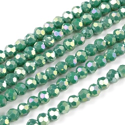 Medium Sea Green Faceted(32 Facets) Round Full Rainbow Plated Electroplate Glass Beads Strands, Medium Sea Green, 4mm, Hole: 1mm, about 90~95pcs/strand, 12.8~13.6 inch(32~34cm)