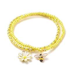 Yellow 2Pcs Glass Seed Beaded Stretch Bracelets Set, Alloy Enamel Bees & Flower Charm Bracelet for Women, Yellow, Inner Diameter: 2-1/8~2-1/4 inch(5.5~5.6cm), 1Pc/style