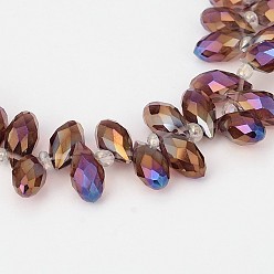 Púrpura Abalorios de vidrio electrochapa, cuentas perforadas superiores, lágrima facetada, color de ab chapado, púrpura, 12~13x6 mm, agujero: 1 mm, sobre 95~99 unidades / cadena, 15.7~18 pulgada
