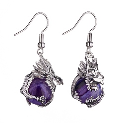 Natural Agate Natural Dyed Agate Dragon Dangle Earrings, Platinum Brass Jewelry for Women, 42mm, Pin: 0.6mm